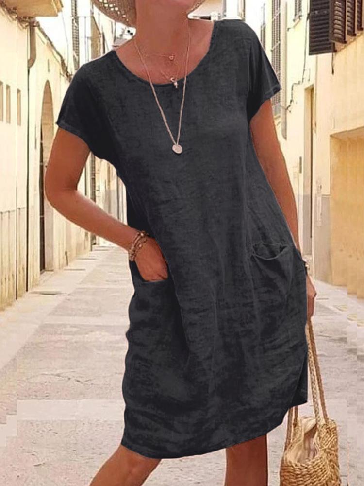 Women's New Summer Loose Solid Color Short-sleeved Round Neck Cotton Linen Midi Dress
