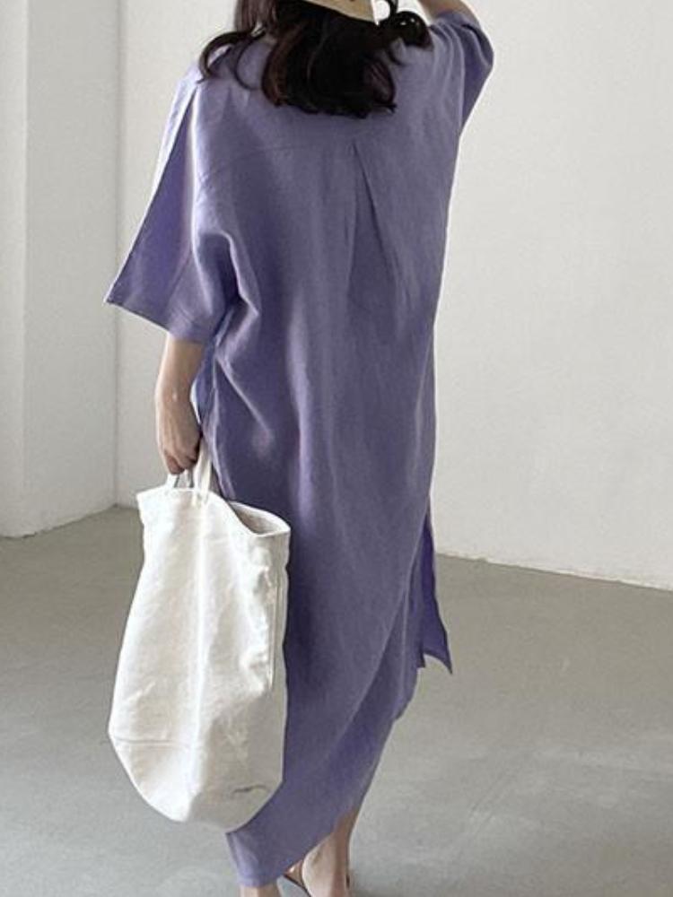 Simple Purple V Neck Cotton And Linen Dress
