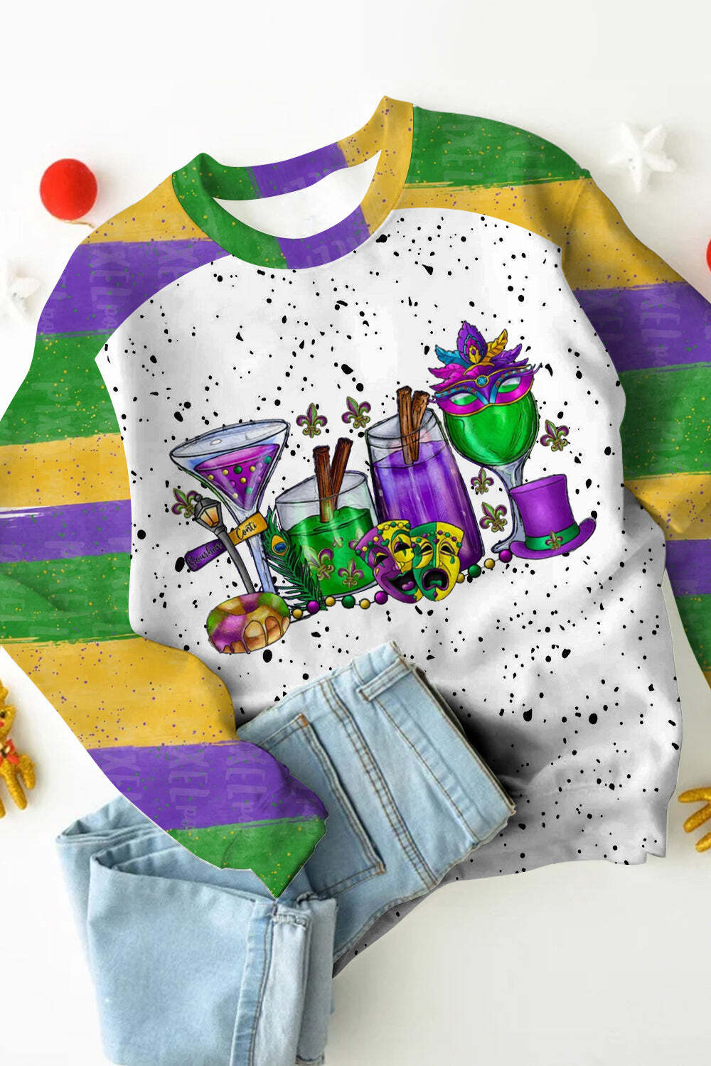 [CLEARANCE SALE]Mardi Gras Wine Glasses With Fleur De Lis Clown Mask  Polka Dots Print Sweatshirt