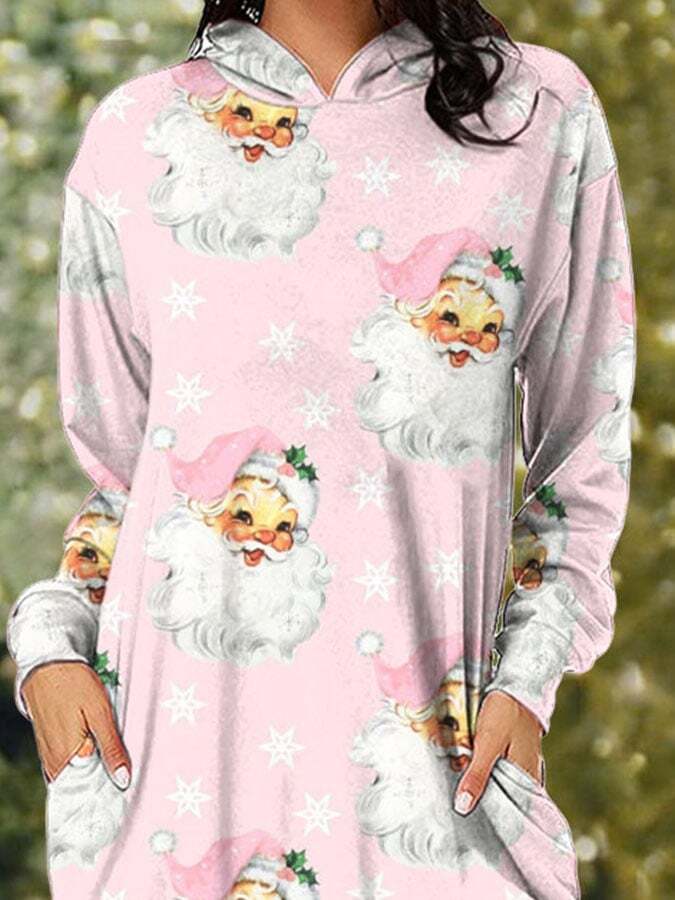 Christmas Retro Pink Santa Print Dress