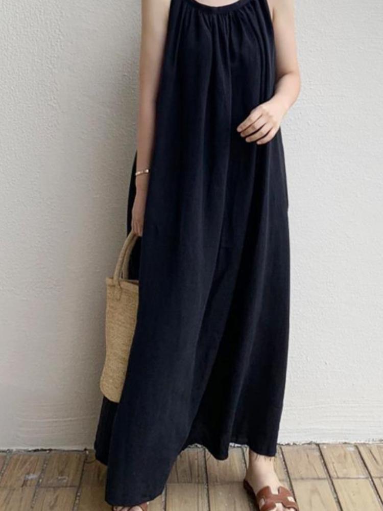 Women's Solid Color Halter Loose Cotton And Linen Maxi Dress