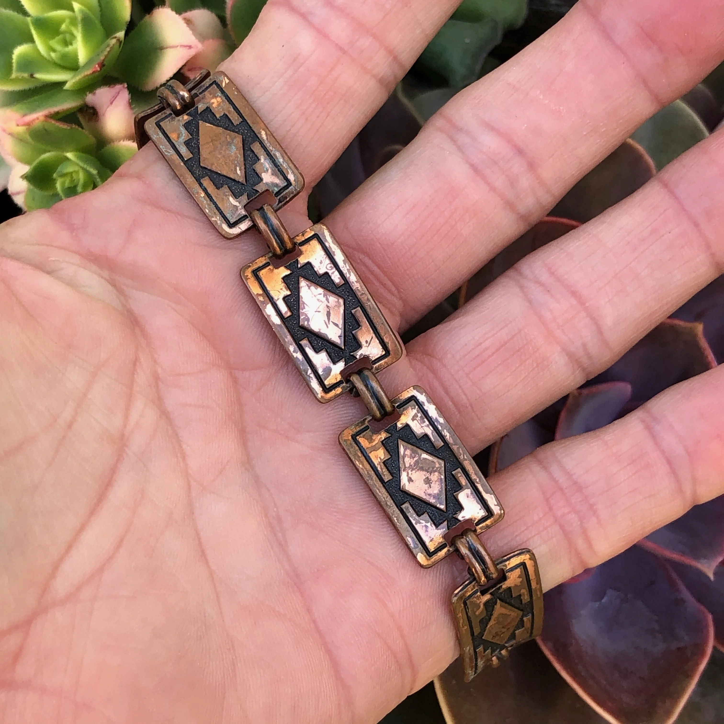 Solid Copper Panel Bracelet with Navajo Rug Design