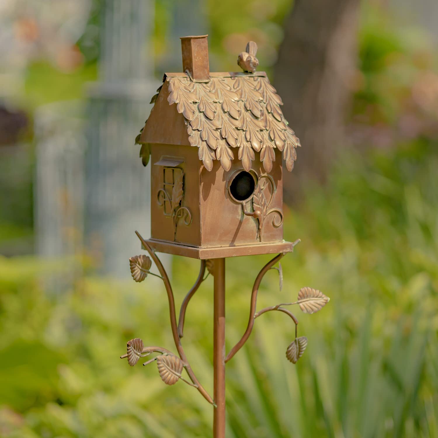Copper Color Bird House Garden Stake with Ornate Style Roof (Rectangular)