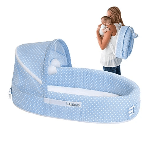 Baby Lounge To Go - Portable Infant Bed Folds Into Backpack - With Activity Bar And Rattle Toys (Beige)