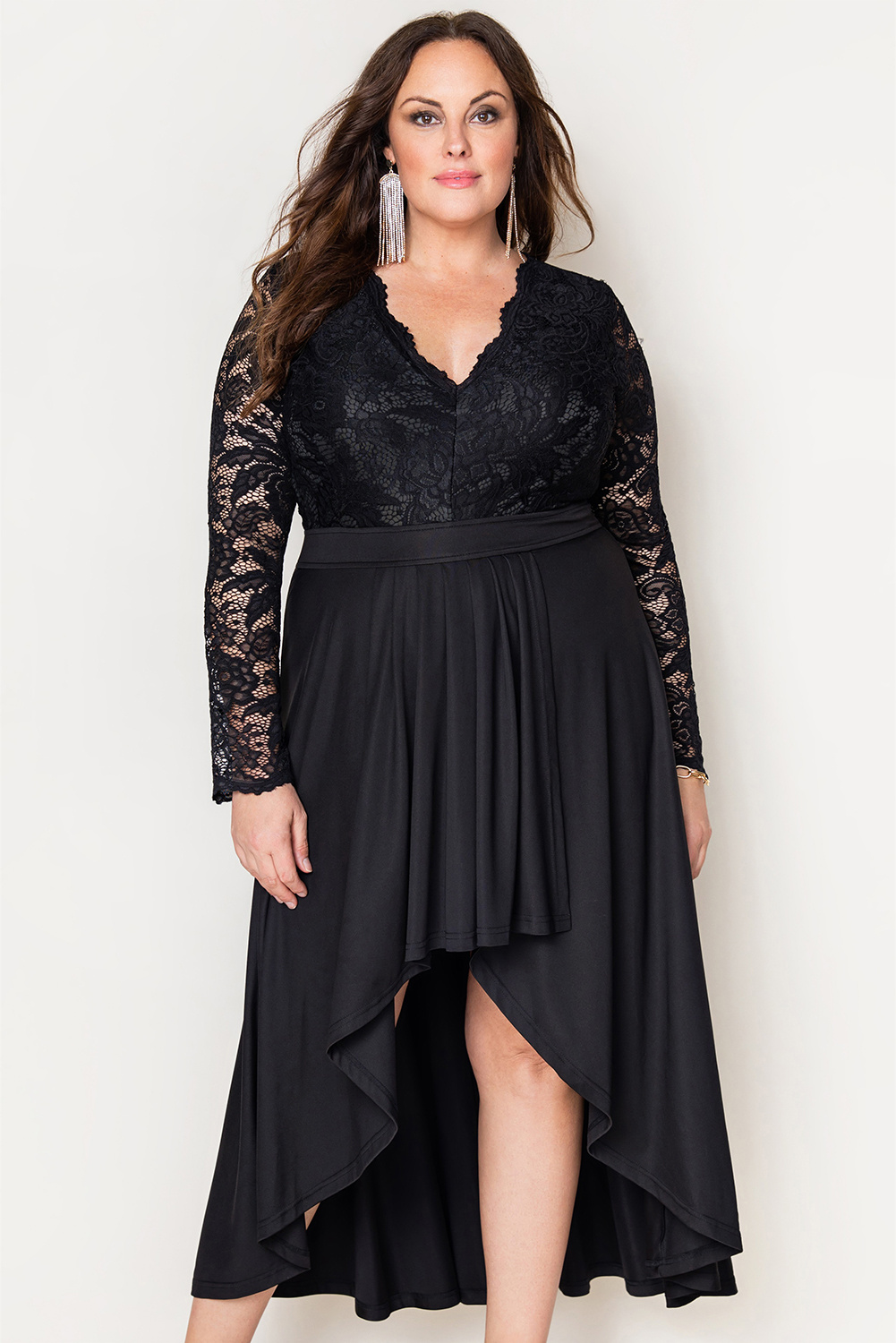 Black Plus Size High-Low Lace Contrast Evening Dress - eryre