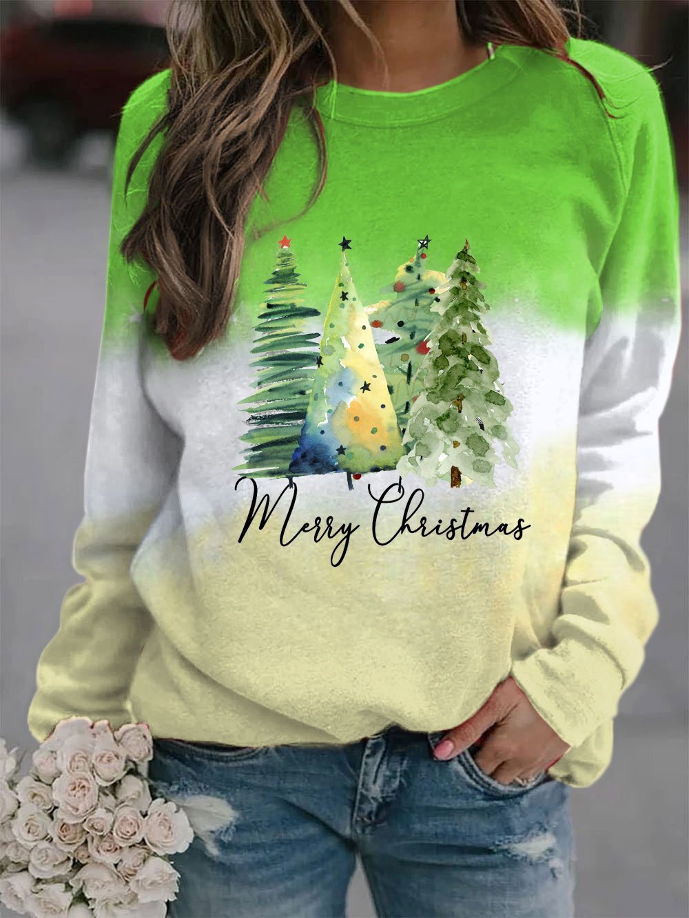 Women's Tie Dye Christmas Tree Print Sweatshirt