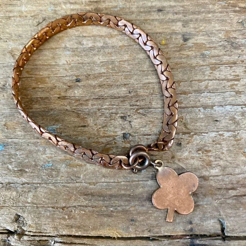 Solid Copper Chain Bracelet with Four Leaf Clover Charm