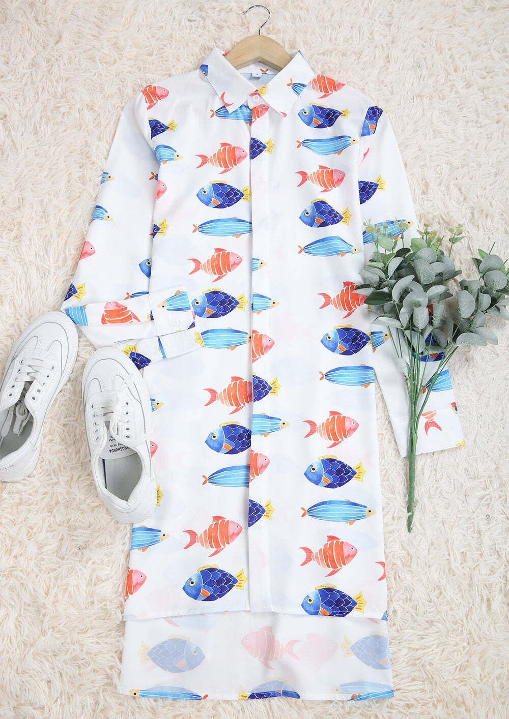 Aquatic Fish 3/4 Sleeve Button Front Mini Dress