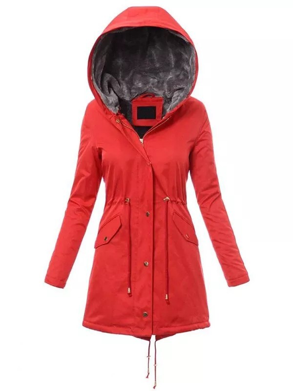 Ladies winter parka coat red, gray fur - spaciova