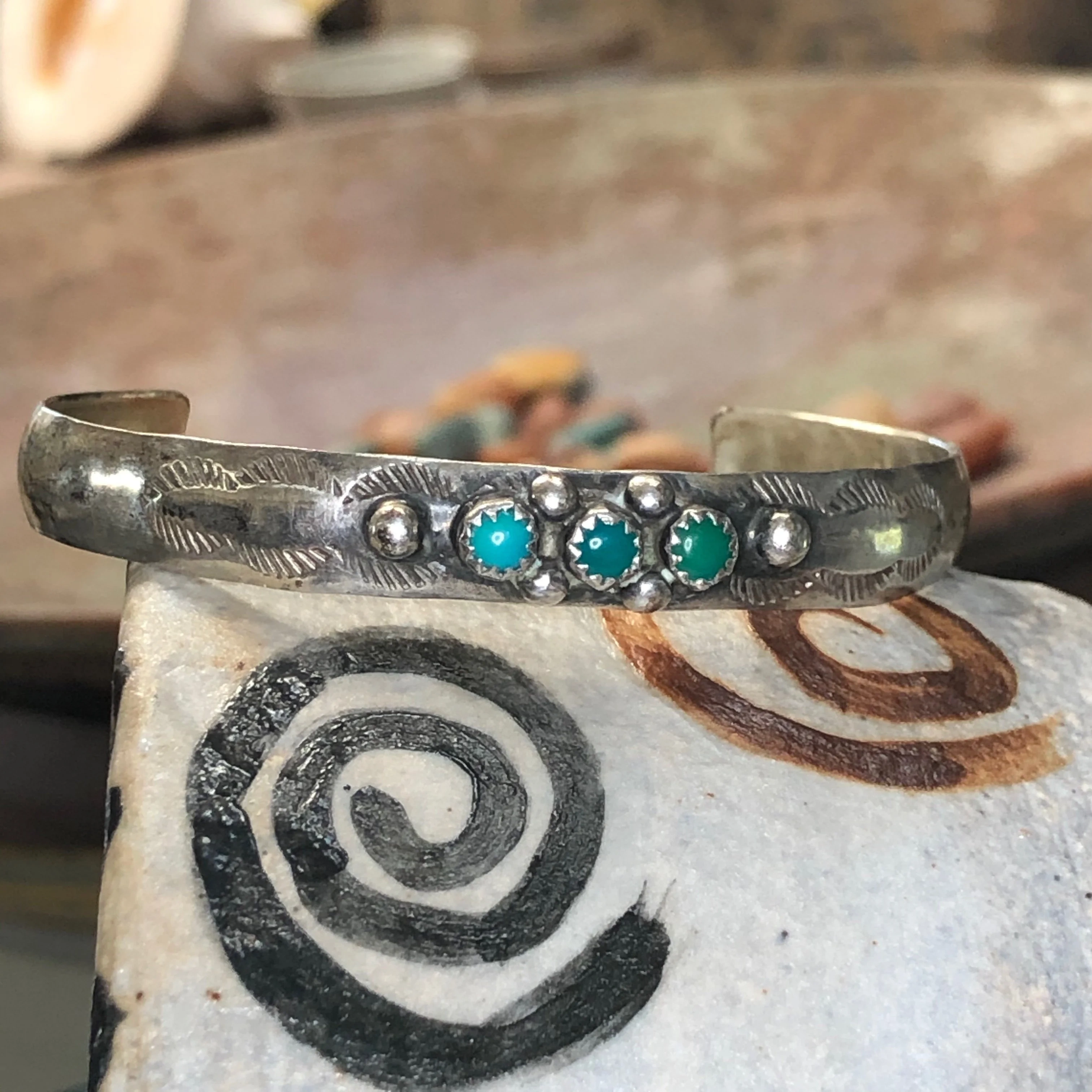Navajo Stamp Decorated Cuff Bracelet with Snake Eye Turquoise Sterling