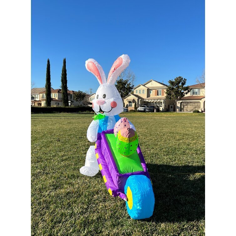 Long Easter Rabbit Pushing Wheelbarrow with Eggs Inflatable