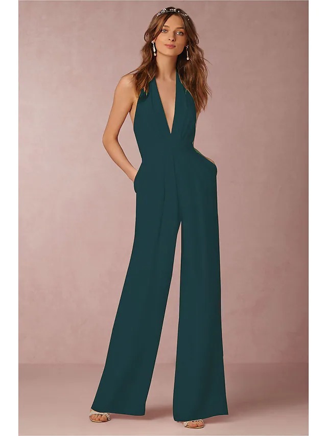 Women's Elegant Sexy Party Wedding Holiday Halter Neck Deep V Wide Leg Green White Black Jumpsuit Solid Color Backless Zipper