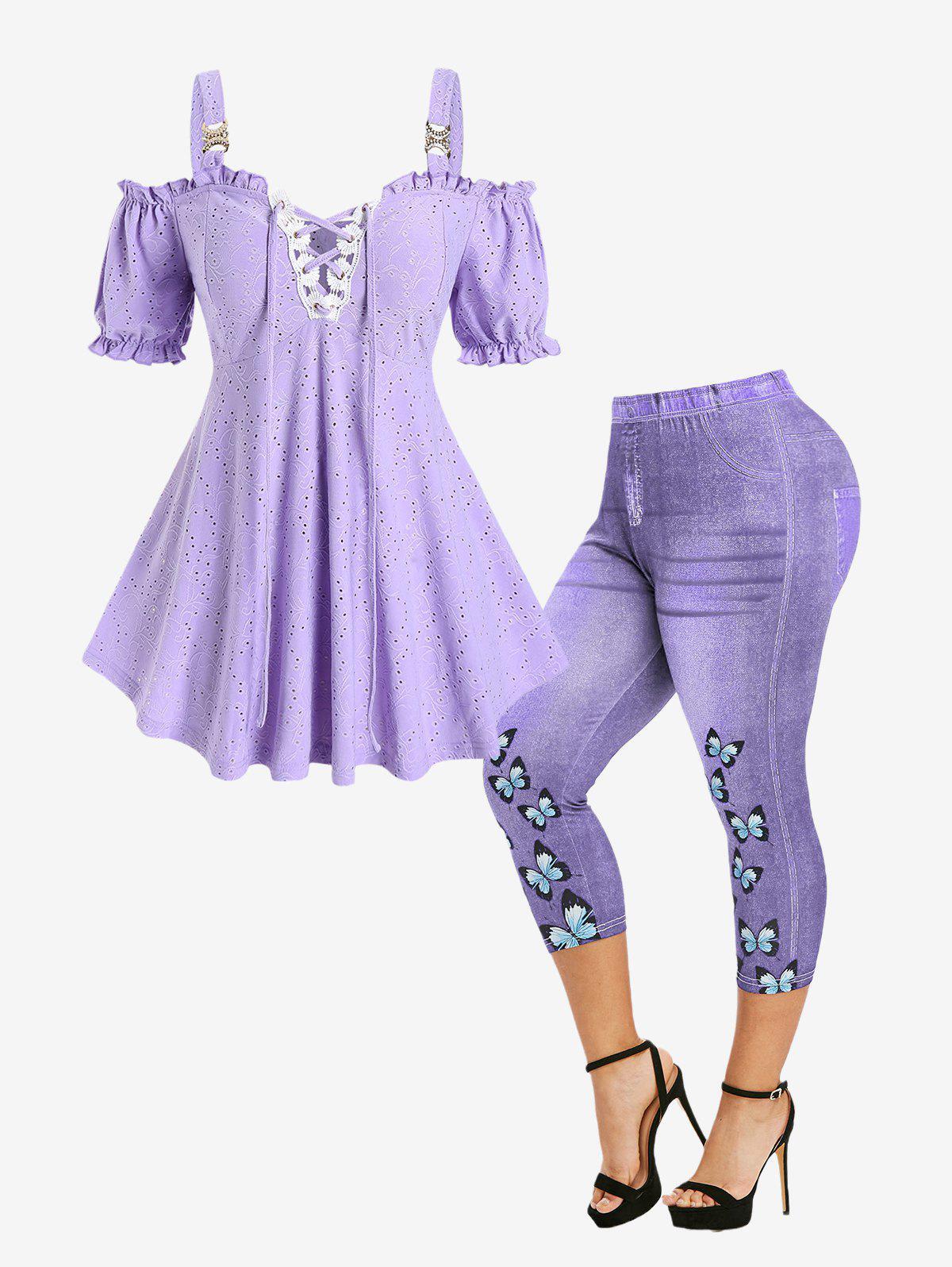 Cold Shoulder Ruffles Broderie Anglaise Tee and 3D Denim Butterfly Capri High Rise Jeggings Plus Size Summer Outfit