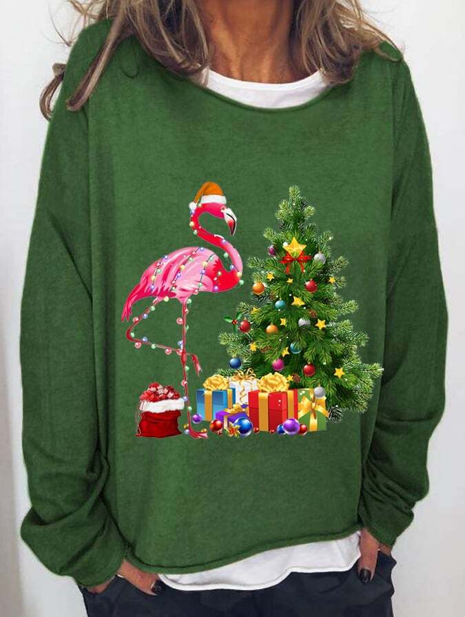 Women's Flamingo Christmas Tree Casual Long-Sleeve T-Shirt