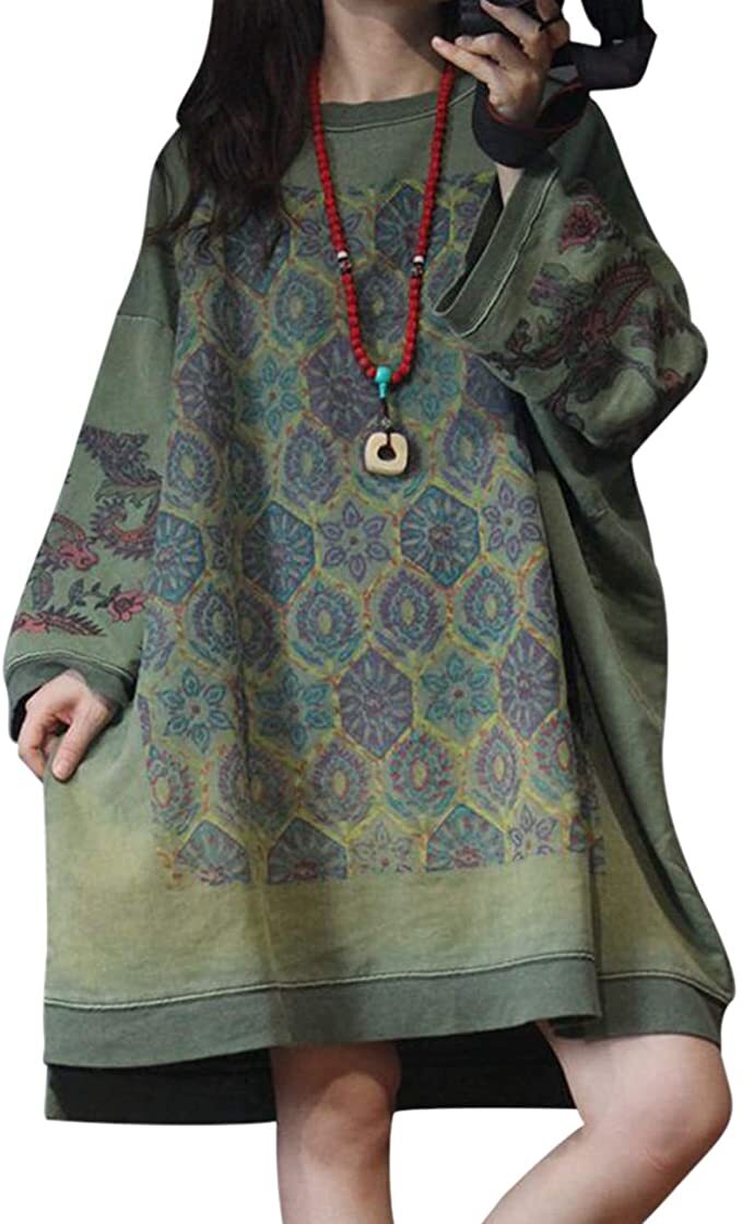 Women Casual Loose Ethnic Floral Hoodies Sweatshirts Jackets Long Sleeve /Pockets