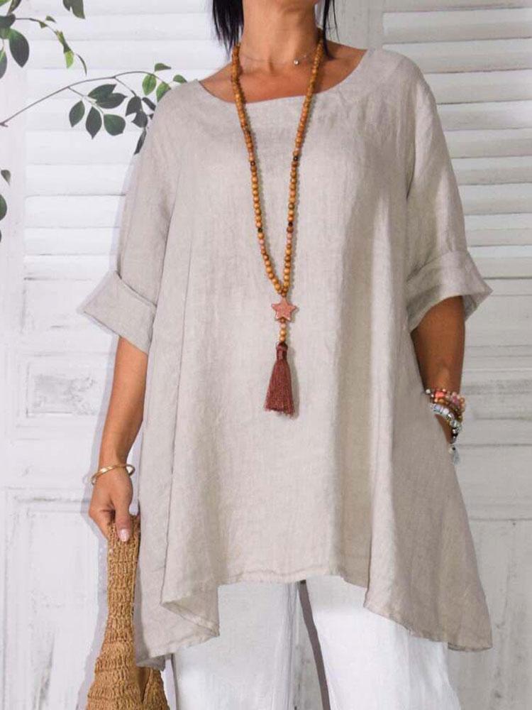Women's Summer New Loose Casual Solid Color Cotton Linen Long Sleeve Shirt