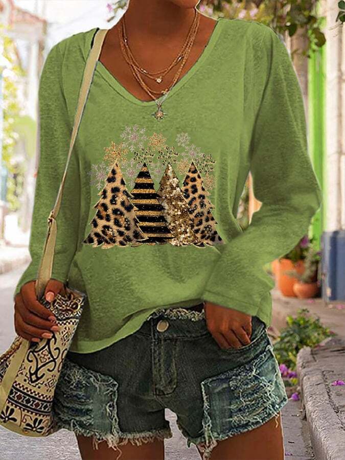 Women's Leopard Christmas Tree Print Long Sleeve V-Neck T-Shirt