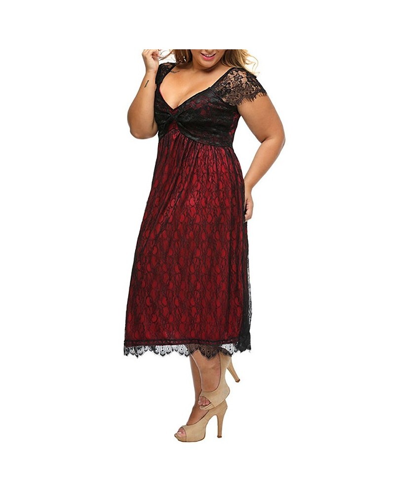 Women's Plus Size Lace Midi Dress - Capped Sleeves