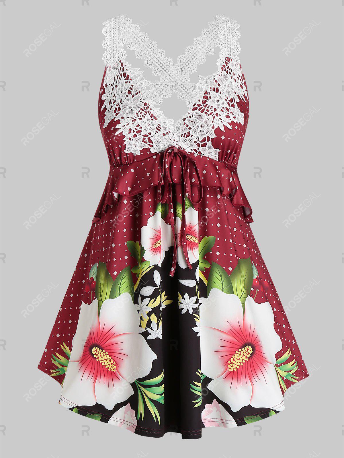 Lace Crochet Floral Crisscross Tank Top and Leggings Cottagecore Plus Size Summer Outfit