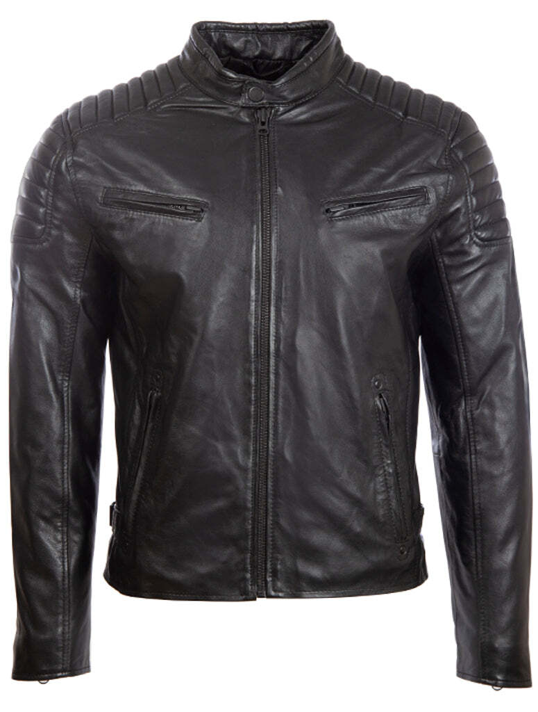 Men's  Leather Fashion Biker Jacket with Padded Shoulder Detailing (T86N)