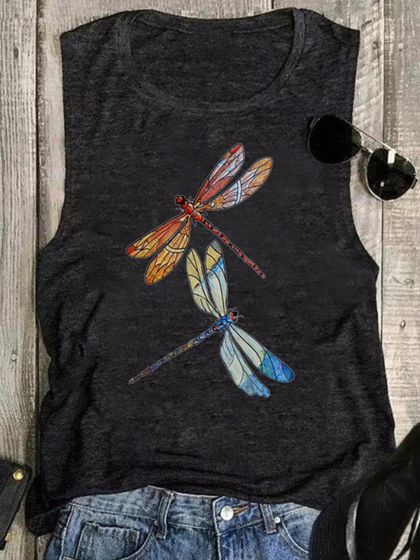 Multicolor Dragonfly Print Sleeveless Tank