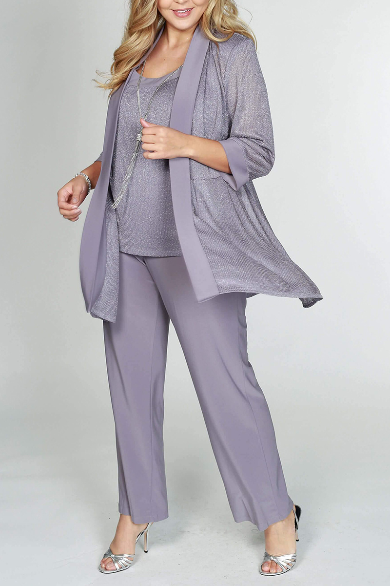 Plus Size Mother Of The Bride 3/4 Sleeve Solid Three Pieces Set Pant Suits (Without Necklace)