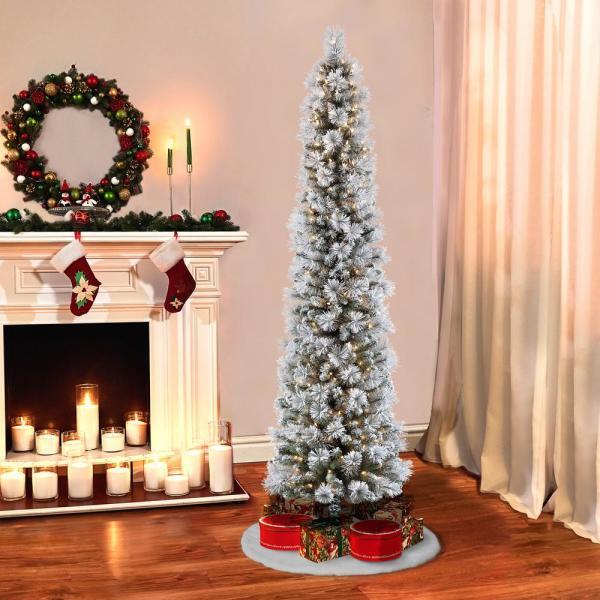 6.5 ft. Pre-Lit Flocked Portland Pencil Artificial Christmas Tree with 300 UL- Listed Clear Lights 2