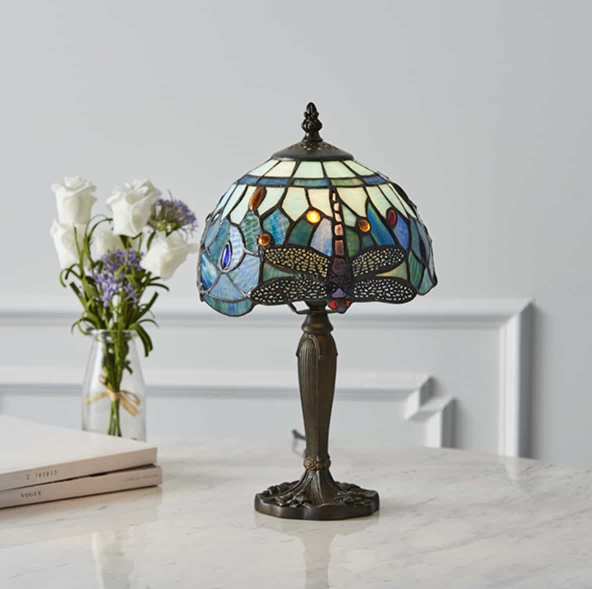 Tiffany Bedside Lamp with Dragonflies, Blue Color, 20cm