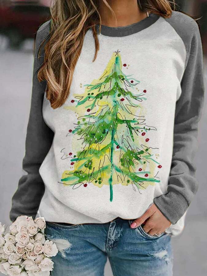 Women's Watercolor Christmas Tree🎄Print Casual Sweatshirt