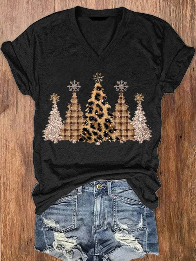 Women's Leopard Check Christmas Tree Print V-Neck T-Shirt