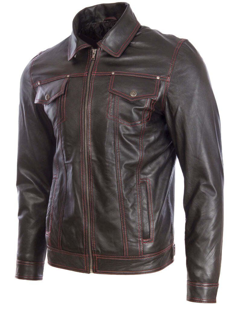 Men's Super-soft  Leather Classic Harrington Fashion Jacket (AGQ5) - Black/Red Stitch