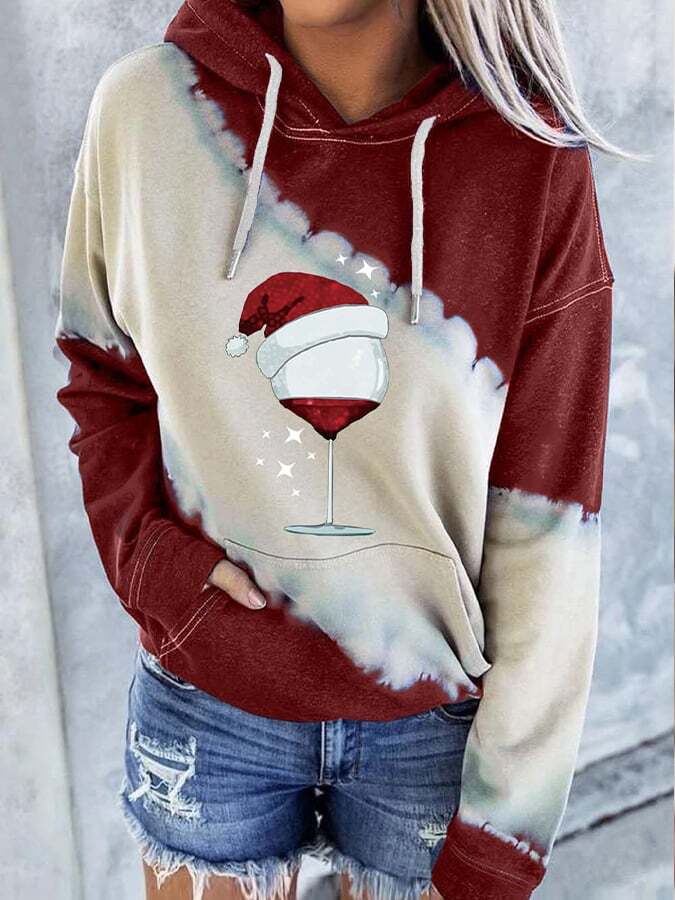 Women's Christmas Wine Glass Print Hoodie Sweatshirt