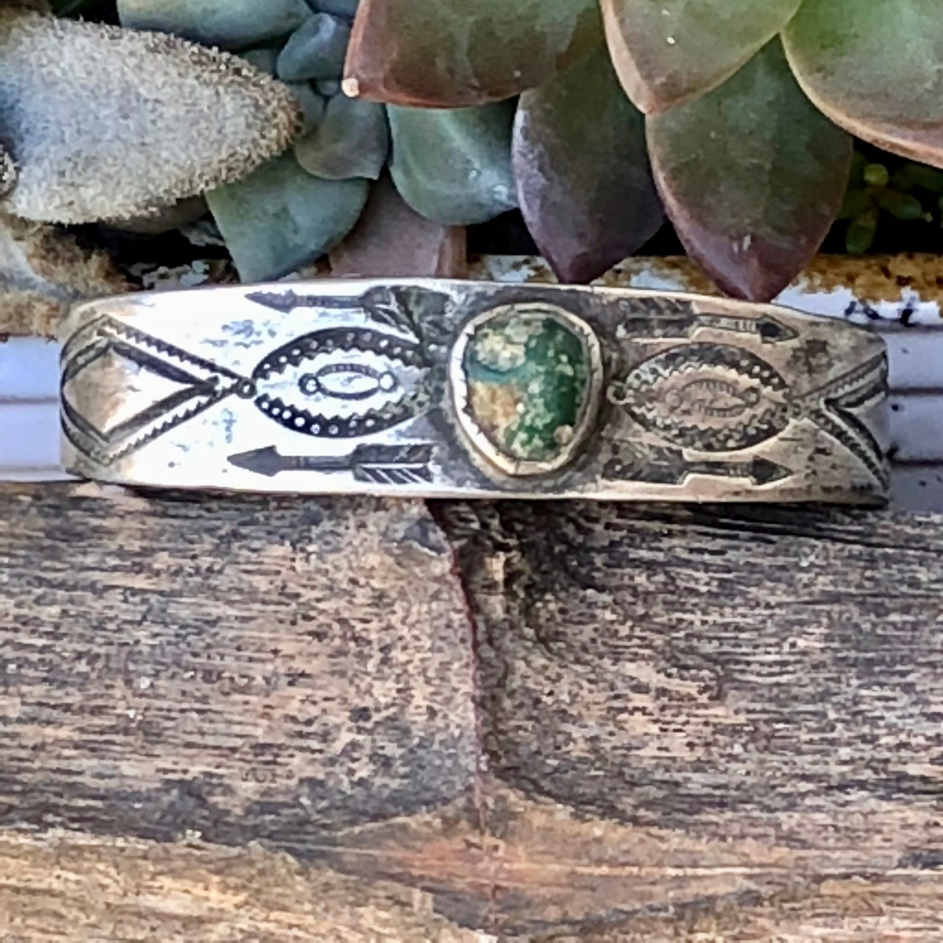 Early Navajo Stamp Decorated Cuff Bracelet with Green Hachita Mine Turquoise