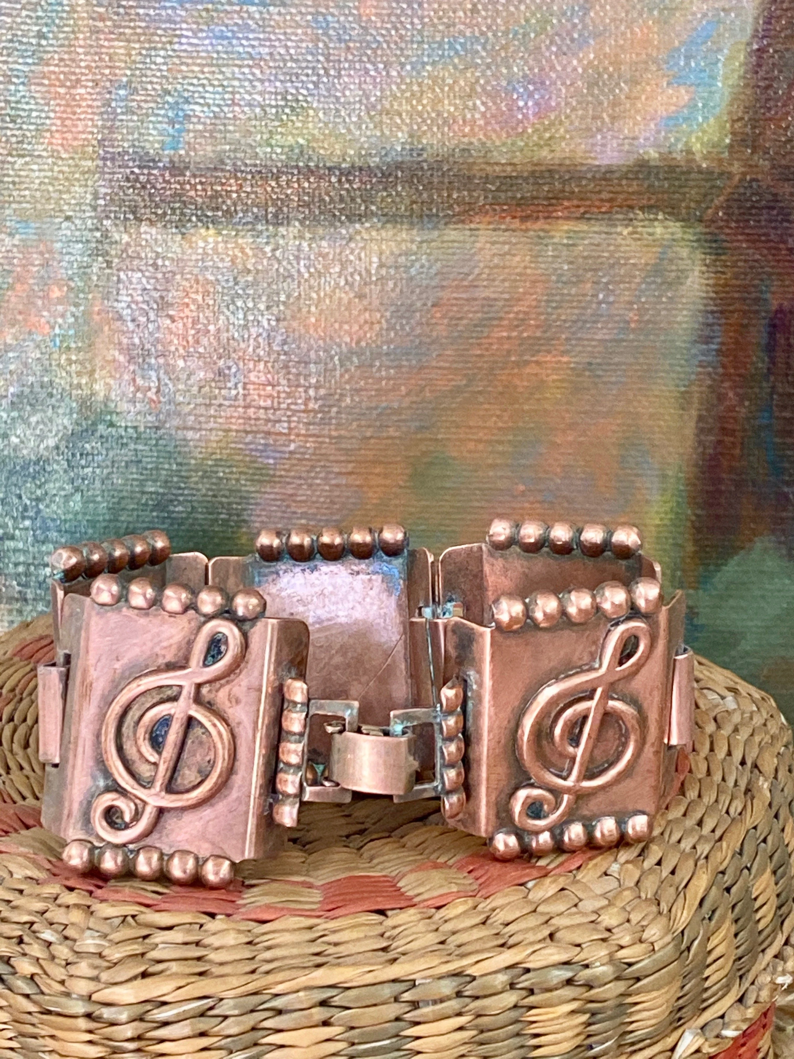 Vintage Matisse Renoir Treble Clef Musical Note Copper Panel Bracelet 1950s