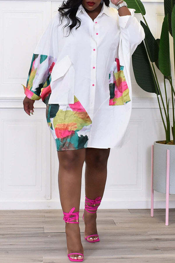 Graphic Patchwork Pocketed Midi Shirt Dress