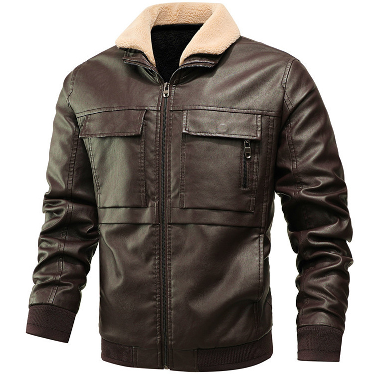 Men's Casual Multi-pocket Lapel Leather Jacket