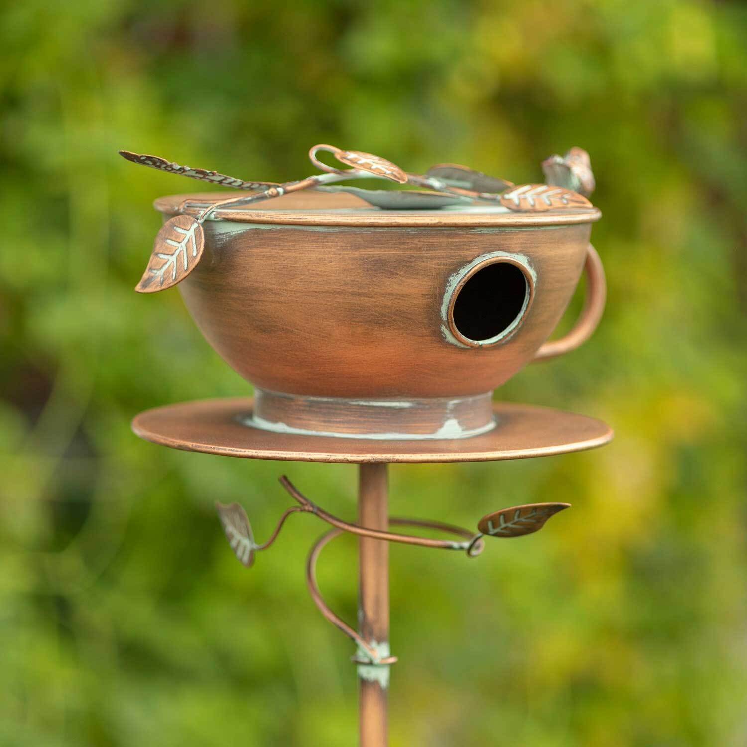 Tall Tea Cup Birdhouse Garden Stake in Antique Copper