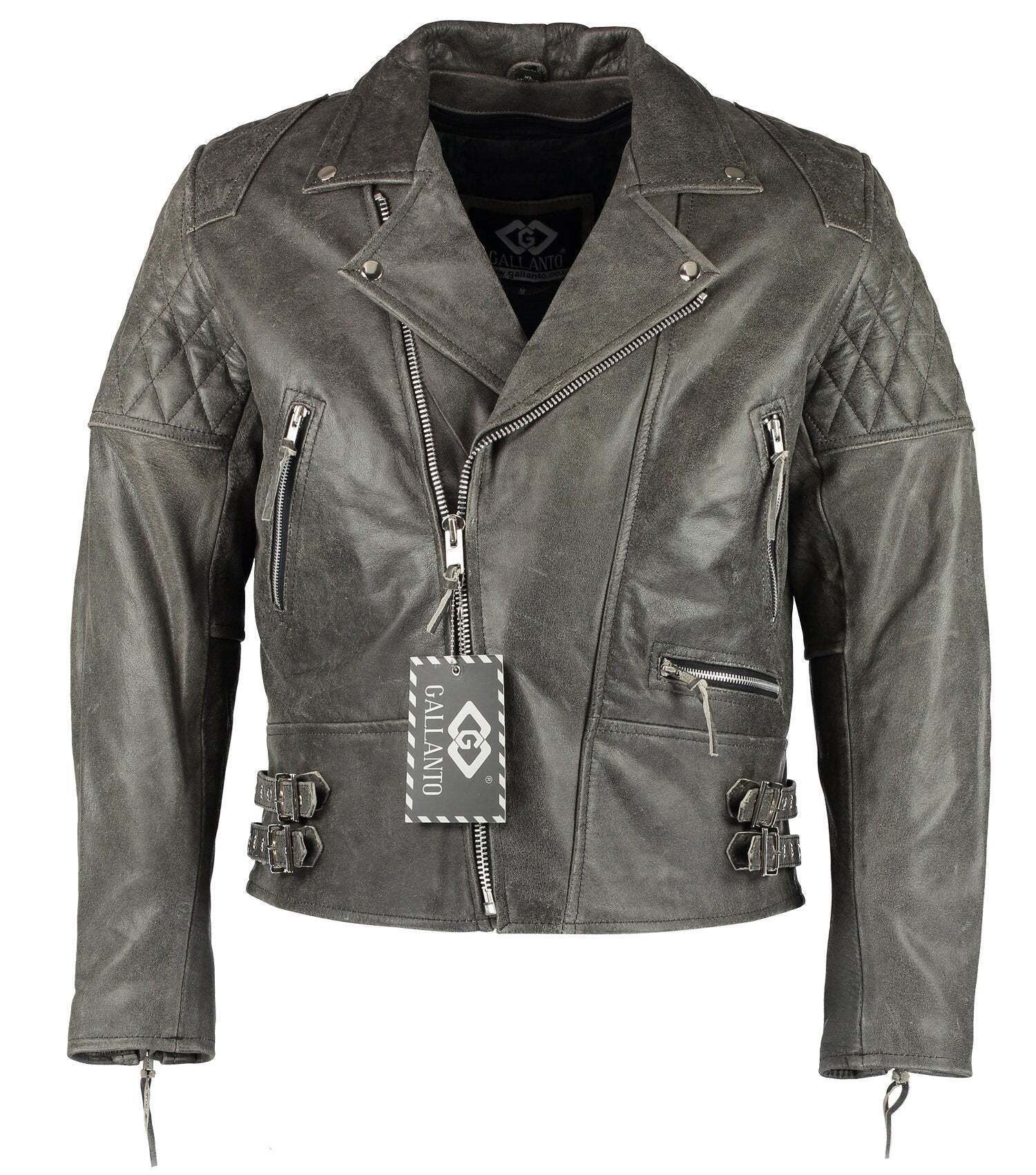 Classic Diamond Vintage Grey Biker Leather Jacket Motorcycle