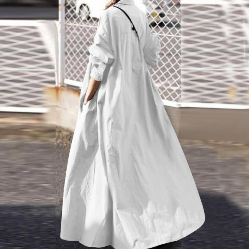 Women's Long Sleeve Lapel Cotton And Linen Maxi Dress