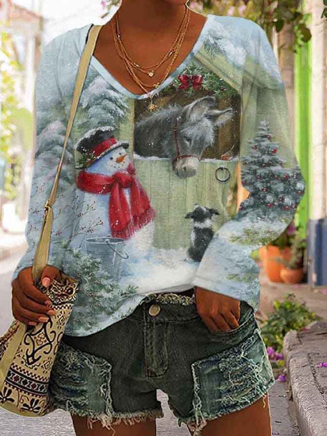 Christmas Tree Snowman Animal Print Long Sleeve T-Shirt