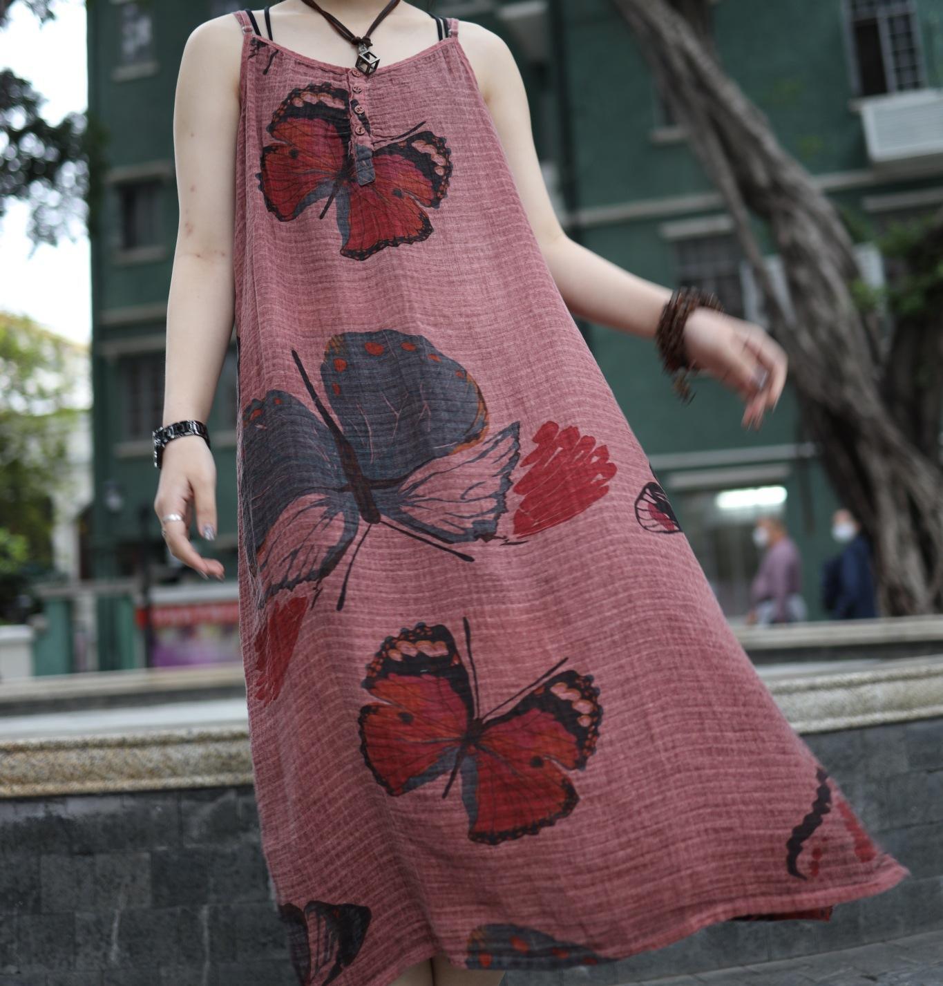 Double Cotton and Linen Halter Dress with Large-size Casual Print Pullover