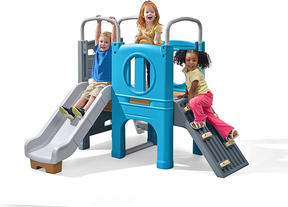 Toddler Playset – Toddler Play Gym with Elevated Kids Playhouse, Kids Slide, Two Climbing Walls, Steering Wheel, and Metal Bars