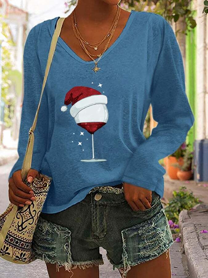 Women's Christmas Wine Glass V-Neck Long Sleeve T-Shirt