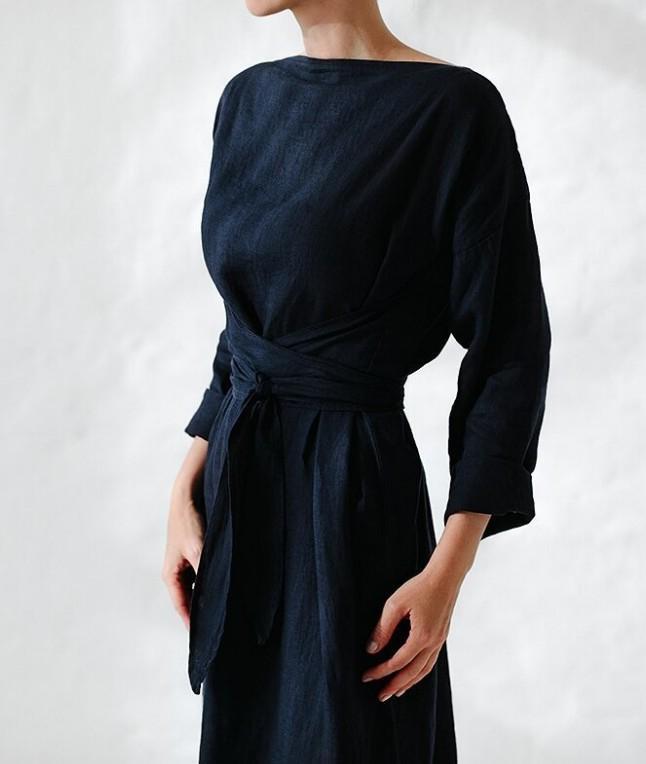 Cotton&Linen Dress with Long Sleeves and Tie