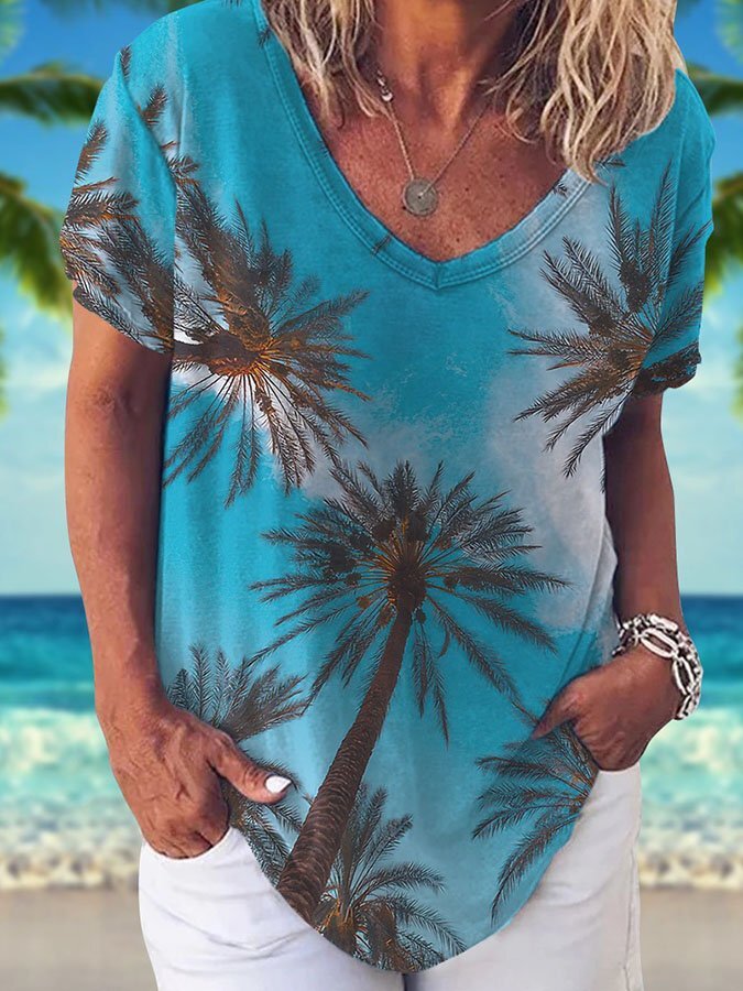 V-Neck Palm Tree Print Short Sleeve T-Shirt