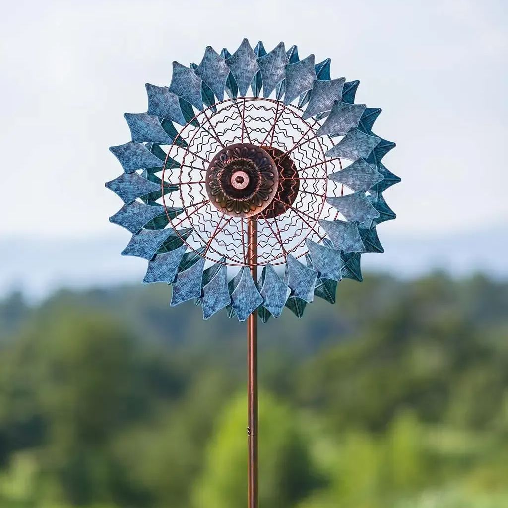 Two-Tone Verdigris and Copper Dual-Rotor Metal Wind Spinner