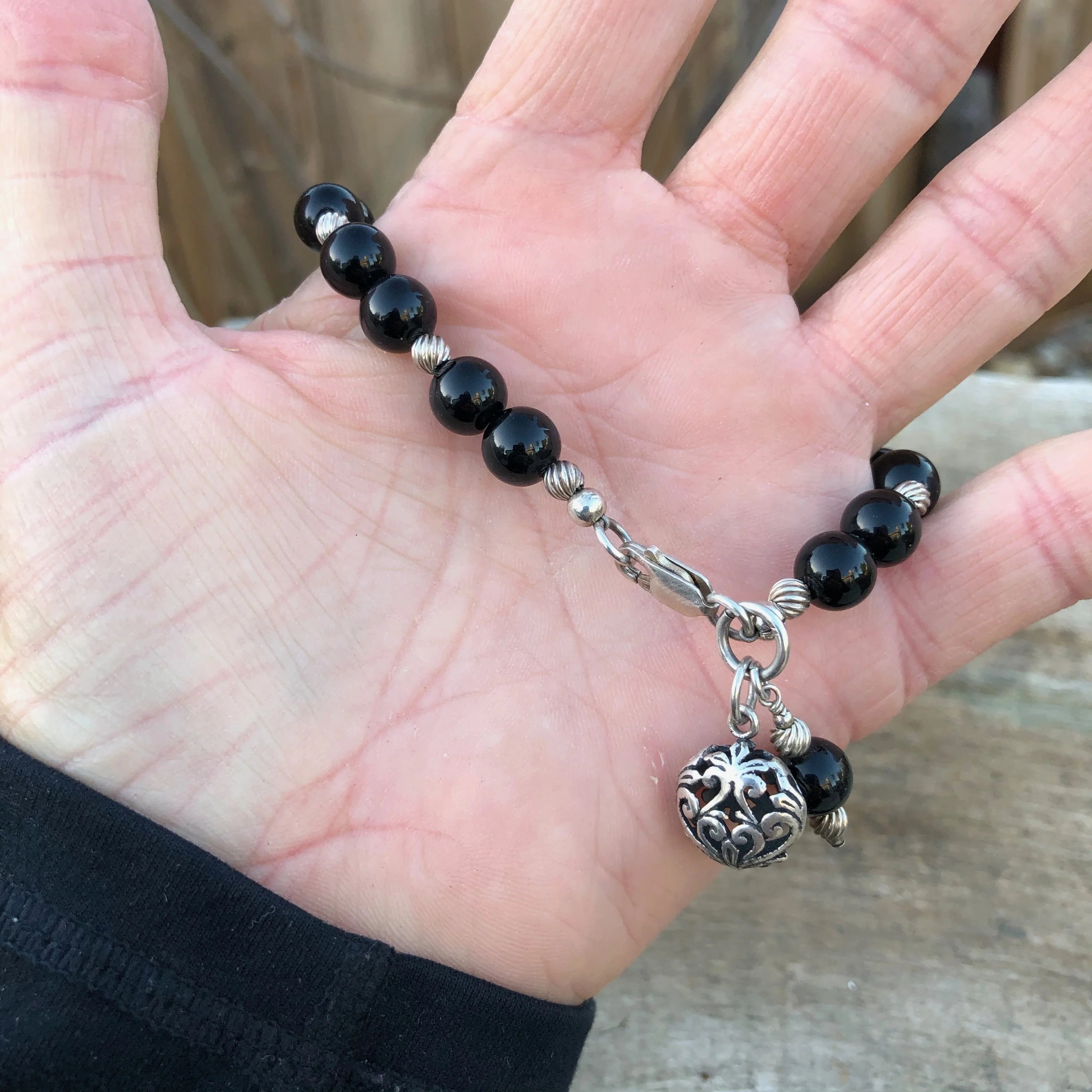 Sterling Silver and Black Glass Bead Bracelet
