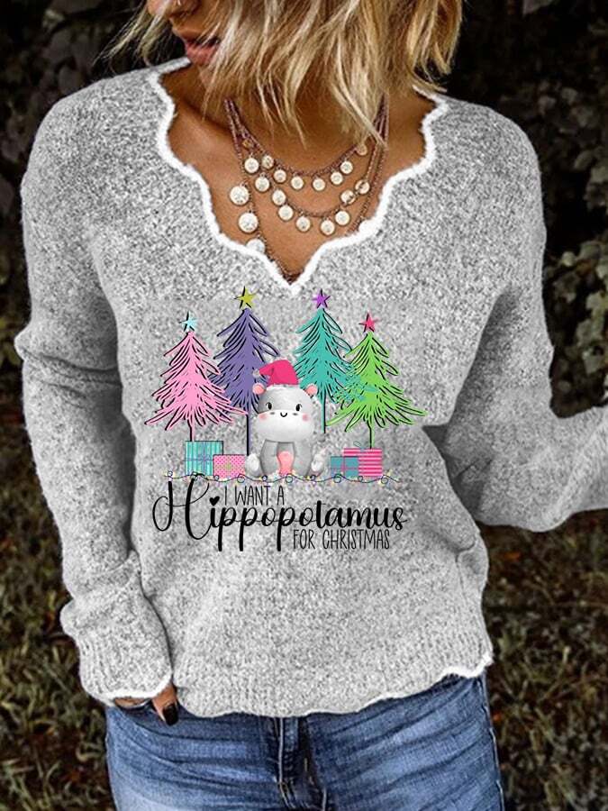 Christmas Print Lace Neck Sweater
