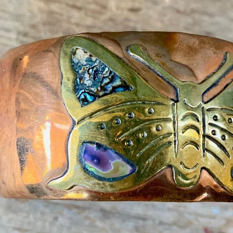 Vintage Mexican Butterfly Bracelet in Solid Copper and Brass with Abalone