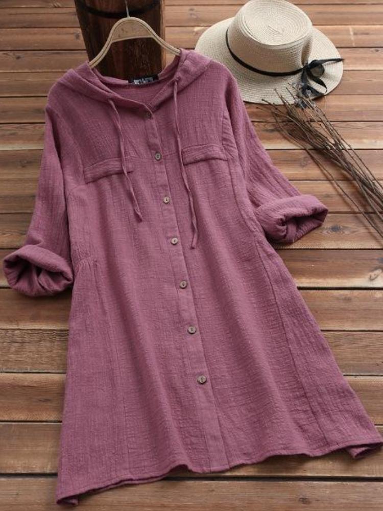 Cotton And Linen Hooded Dress With Long Sleeves